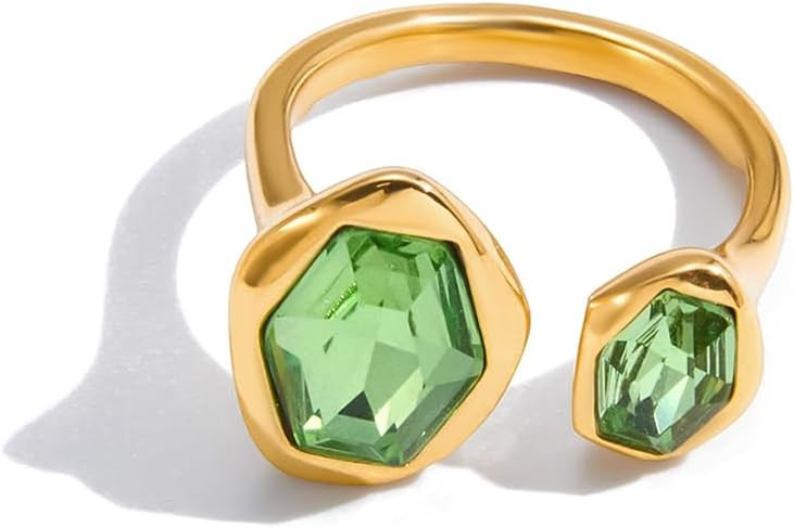 18k Gold Plated Green Crystal Geometry Ring for Women Stainless Steel Chunky Sparkly Cubic Zircon... | Amazon (US)