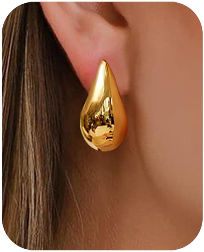 PANSHI Chunky Gold Hoop Drop Earrings Dupes | Sterling Silver Post Teardrop Earrings for Women | Amazon (US)