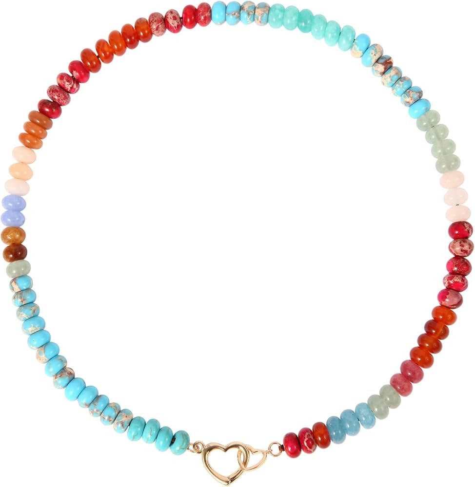 Handmade Beaded Gemstone Choker Necklace for Women Boho Colorful Rainbow Natural Stone Bead Neckl... | Amazon (US)