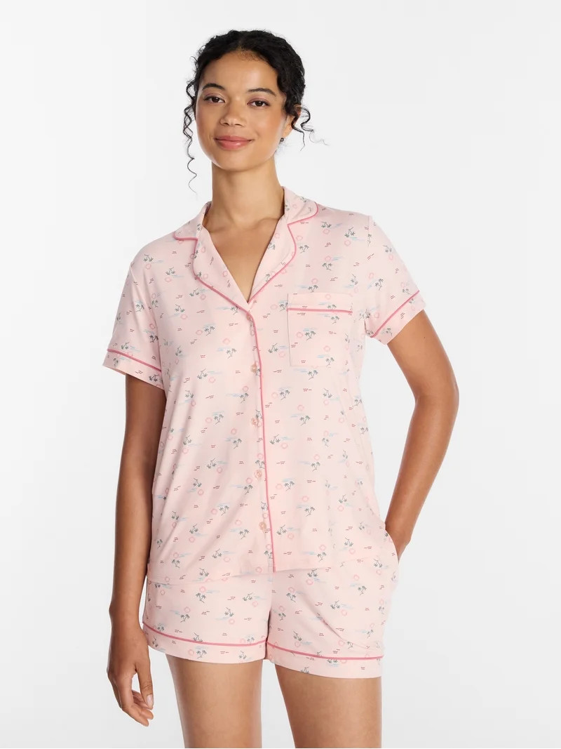 Joyspun Women's Dreamy Soft Collection Notch Collar Top and Shorts Pajama Set, 2-Piece, Sizes XS-... | Walmart (US)