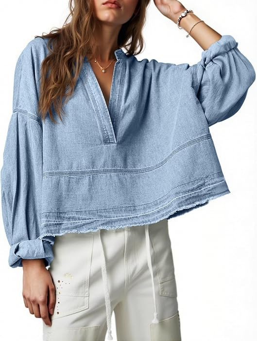 Womens Denim Tops Puff Long Sleeve Trendy Casual V Neck Jean Shirts | Amazon (US)
