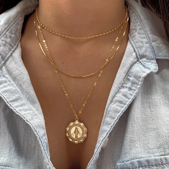 14K GF Gold coin necklace, Miraculous Virgin Mary, Medallion necklace, Bridesmaid gift, Christmas... | Etsy (US)
