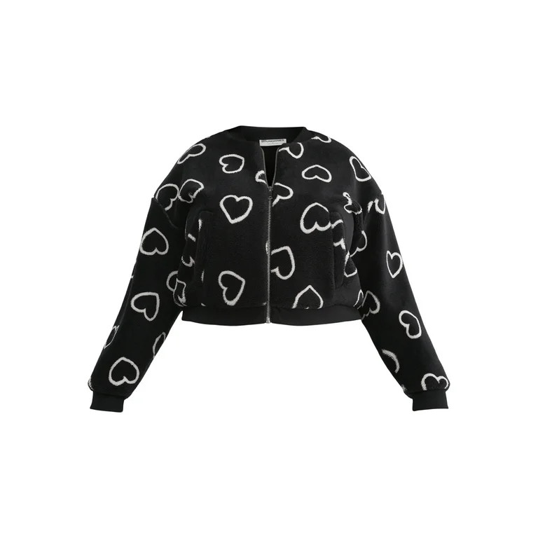 No Boundaries Himalayan Heart Print Plush Bomber Jacket, Heavyweight, Women's Plus | Walmart (US)
