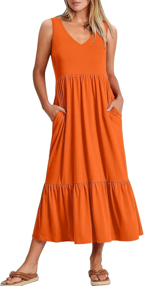 ANRABESS Women's Summer Casual Sleeveless V Neck Swing Dress Fit & Flare Flowy Tiered Maxi Beach ... | Amazon (US)