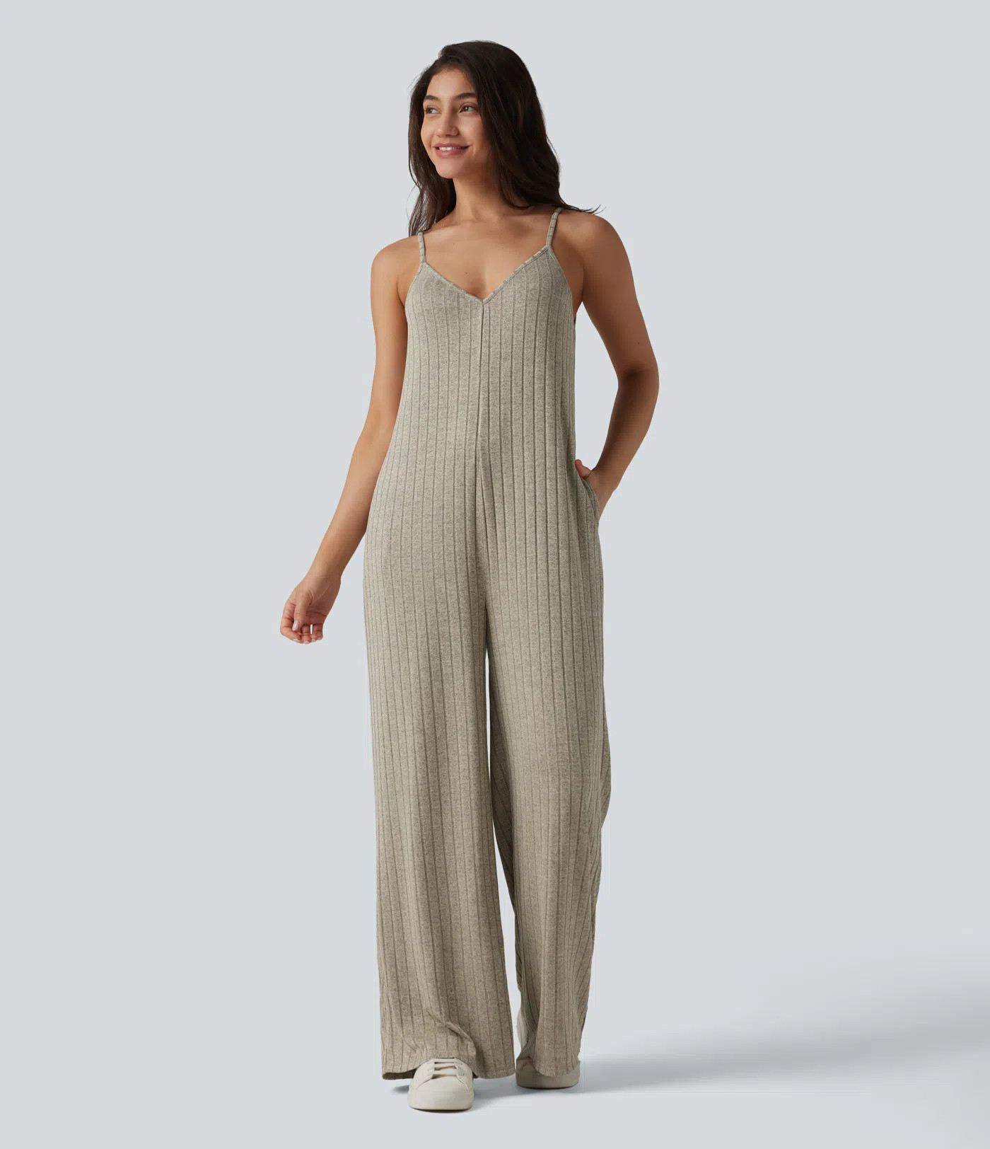 Women’s Ribbed Knit V Neck Casual Slip Jumpsuit with Pockets - Halara | HALARA
