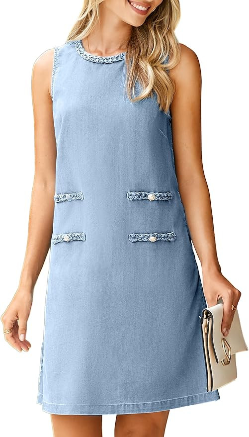 Simplee Womens Denim Dress Summer Sleeveless Casual Mini Dresses Crewneck Western Jean Dress with... | Amazon (US)