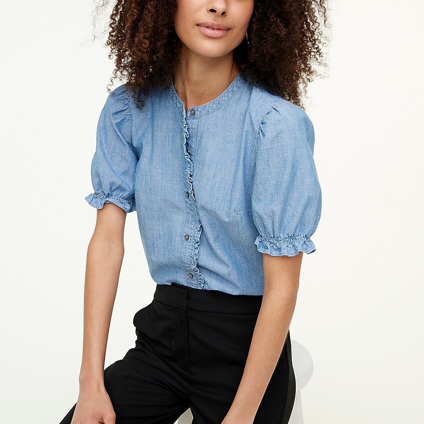 Factory: Chambray Puff-sleeve Ruffle Top For Women | J.Crew Factory
