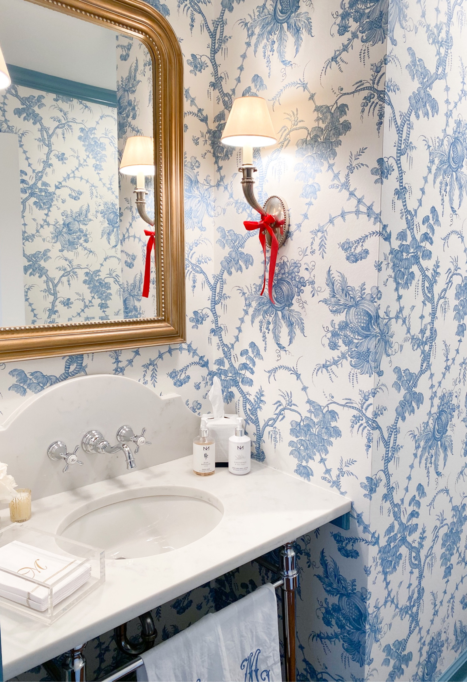 Christmas Powder Room ❤️ I love the simple red velvet bow. 
Tea towels and Tissue Cover are from Anna Claire Embroidery  

#LTKSeasonal #LTKHoliday #LTKhome