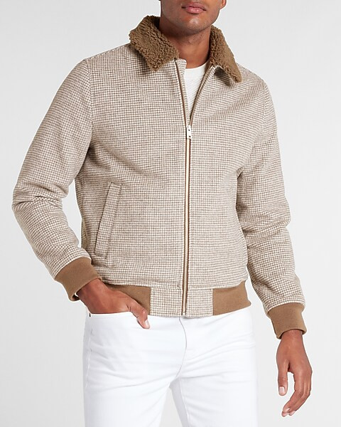 Houndstooth Wool-Blend Sherpa Collar Bomber Jacket | Express