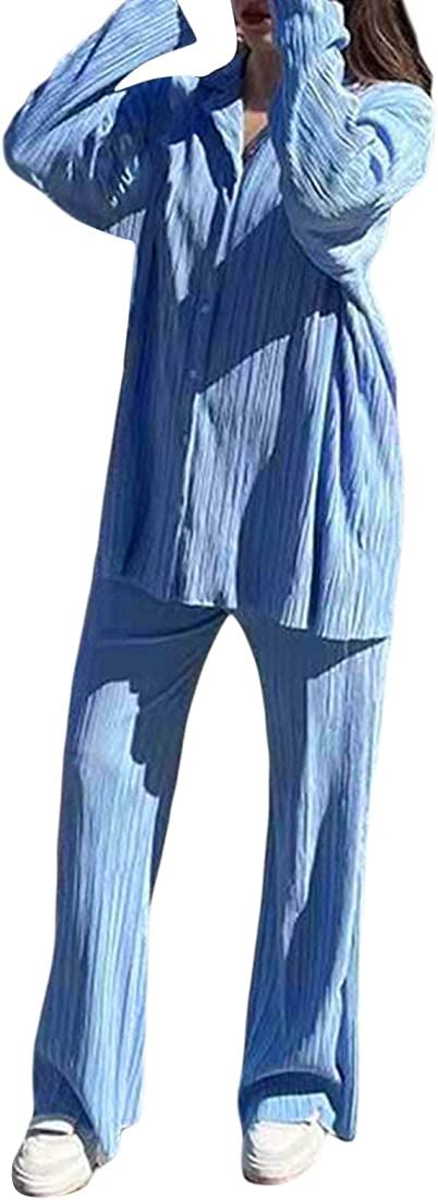 Wide Leg Pants Sets Women 2 Piece Outfits Casual Long Sleeve Button Down Shirt Linen Pants Outfits F | Amazon (US)