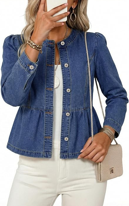 Dokotoo Cropped Jean Jacket Women Button Down Long Sleeve Collarless Cinched Waist Denim Jackets | Amazon (US)