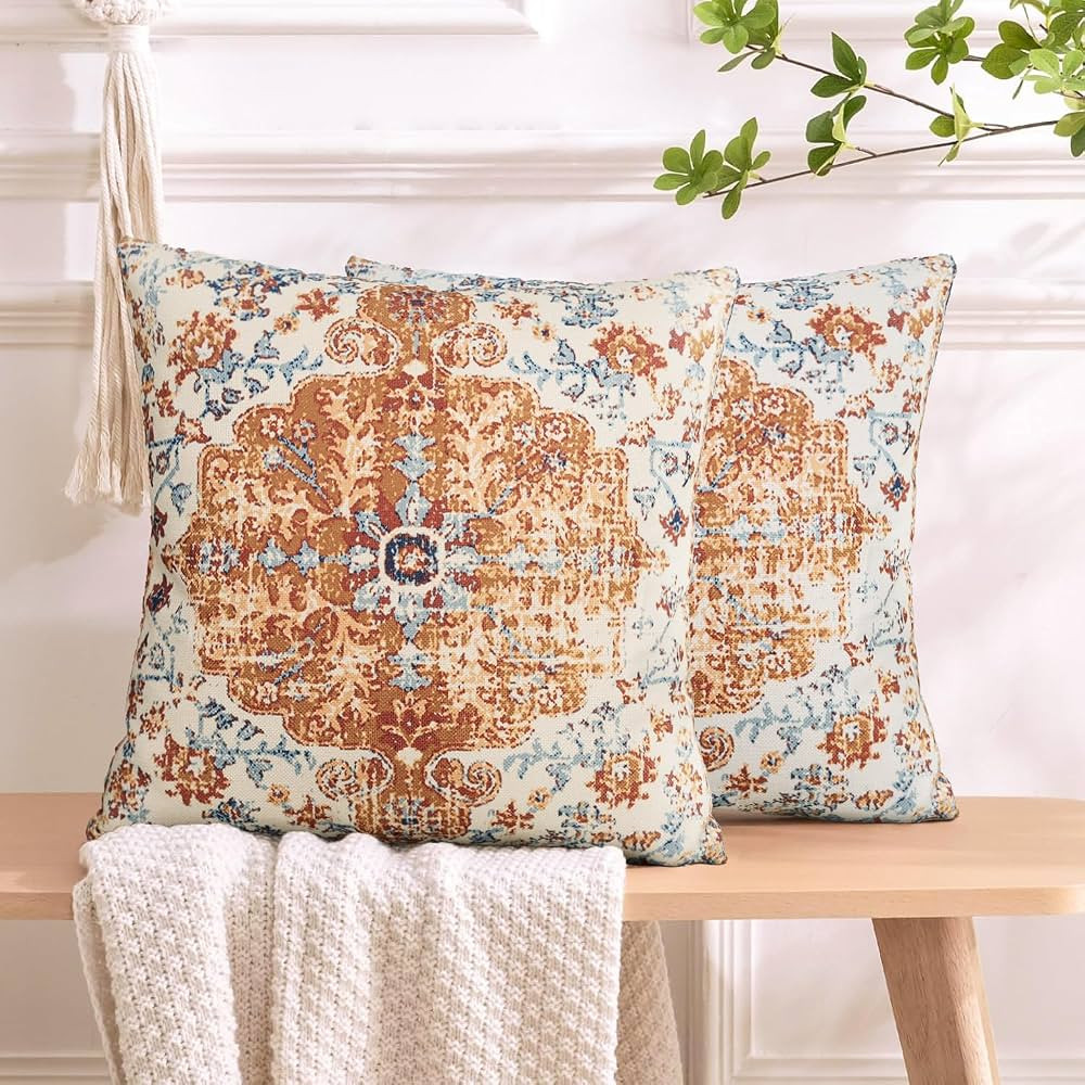 Boho Pillow Covers Square 18X18 Inch Set of 2, Orange Blue Throw Pillow Covers Carpet Pattern Dec... | Amazon (US)