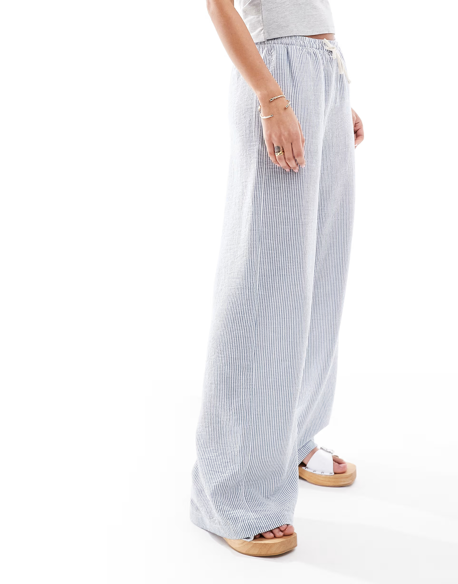 Bershka drawstring waist wide leg pants in light blue pinstripe - part of a set | ASOS (Global)