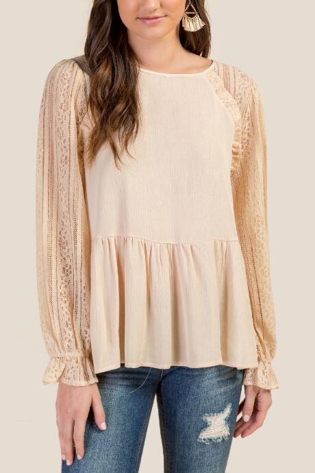 Mazie Lace Peasant Sleeve Peplum Blouse - Sand | Francesca’s Collections