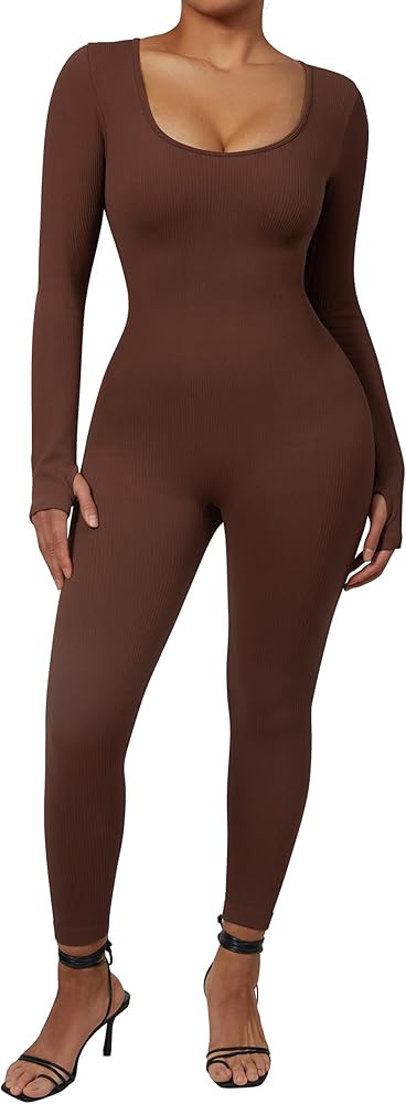 MOOSLOVER Women Ribbed One Piece Jumpsuits Square Neck Long Sleeve Workout Yoga Jumpsuits | Amazon (US)