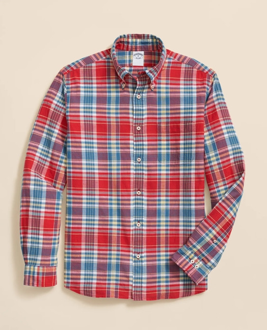 Brooks Brothers Men's Washed Cotton Madras Polo Button-Down Collar Shirt | Bright Pink | Size XS | Brooks Brothers