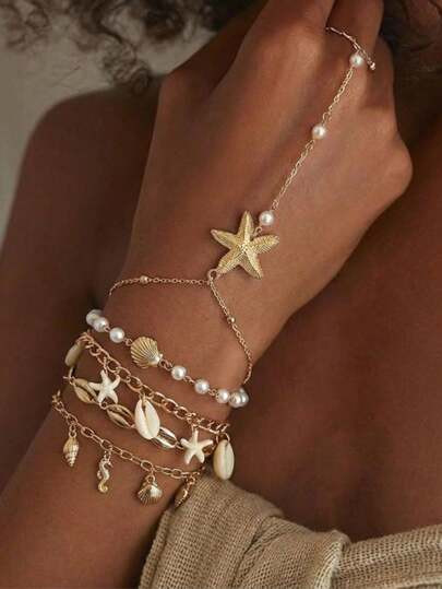 5pcs Creative Fashion Vacation Style Starfish & Shell Pendant Finger Chain Bracelet, Ocean Ins Faux Pearl Chain Hand Chain, Suitable For Women Beach Vacation, Party, Date, Shopping, Travel Accessories, Best Gift For Women, Great Gift Item | SHEIN