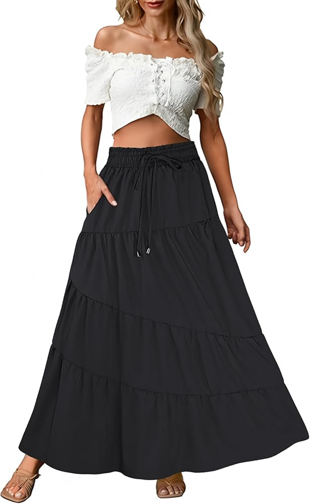 ECOWISH Women Boho Maxi Skirt: Summer Asymmetric Tiered Drawstring Elastic High Waist A-Line Flow... | Amazon (US)