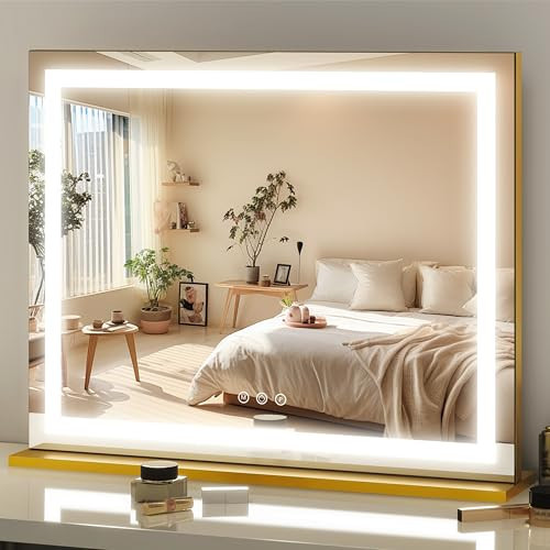 FENNIO 23" x 18" Vanity Mirror with Lights，LED Makeup Mirror，Hollywood Mirror with 3 Color Modes & Adjustable Brightness，Vanity Mirror Square Gold | Amazon (US)