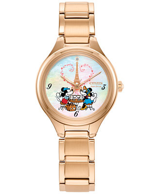 Eco-Drive Women's Disney Mickey & Minnie Take Paris Rose Gold-Tone Stainless Steel Bracelet Watch... | Macy's