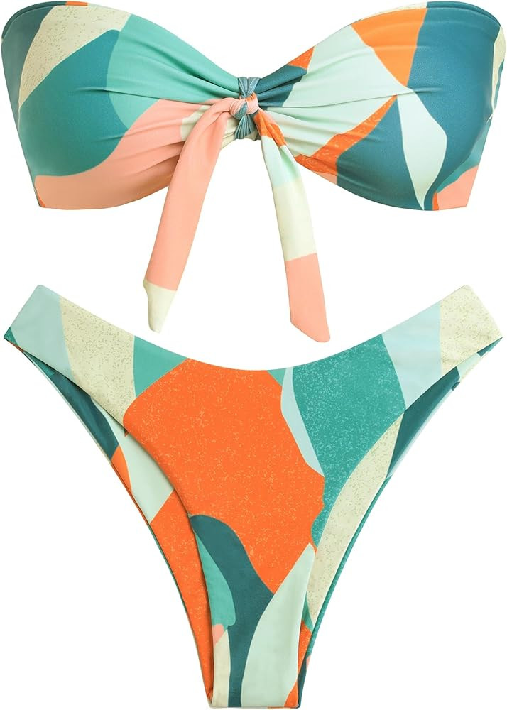 ZAFUL Knotted Bandeau Bikini for Women Strapless Swimsuits High Cut Bathing Suit Sexy Cheeky Tie ... | Amazon (US)