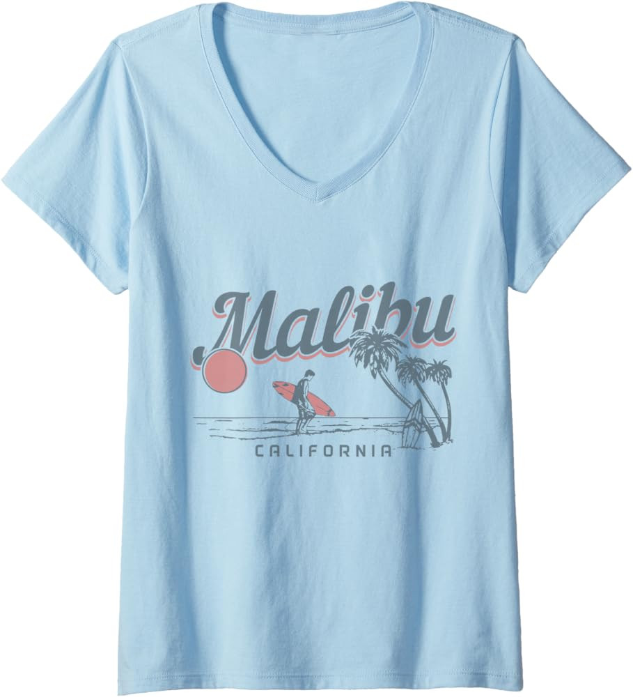 Womens Malibu Beach California Surf Vintage Souvenir Surfing Surfer V-Neck T-Shirt | Amazon (US)