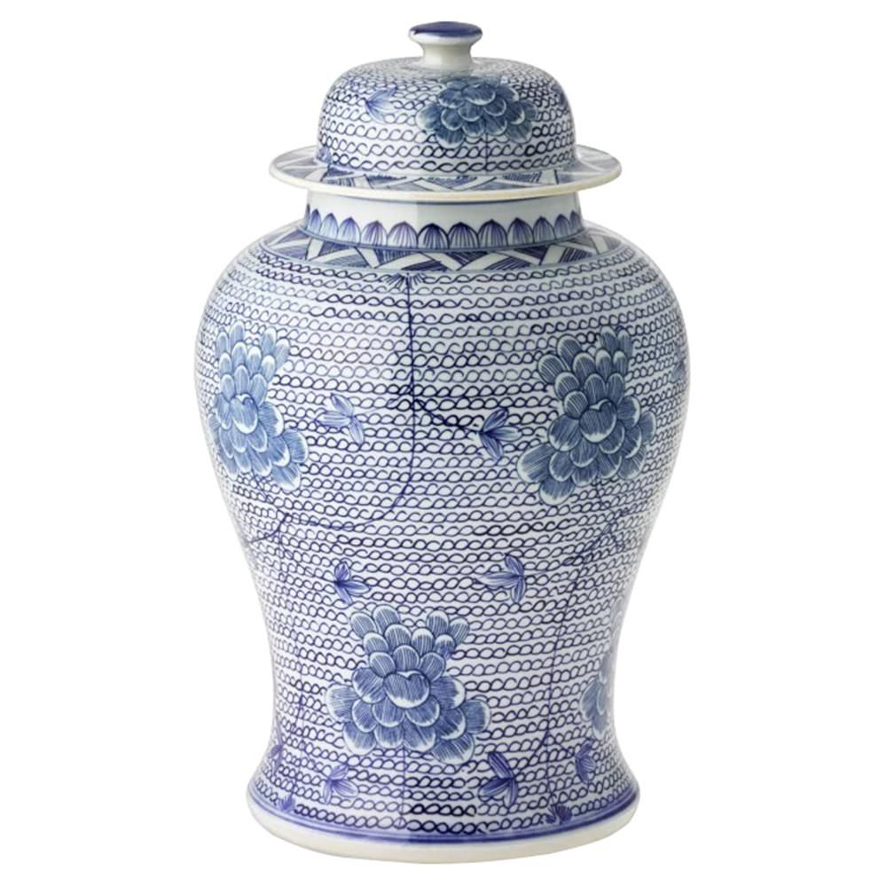 Dewey Modern Classic Blue and White Porcelain Chain Temple Jar - Small 16in | Kathy Kuo Home