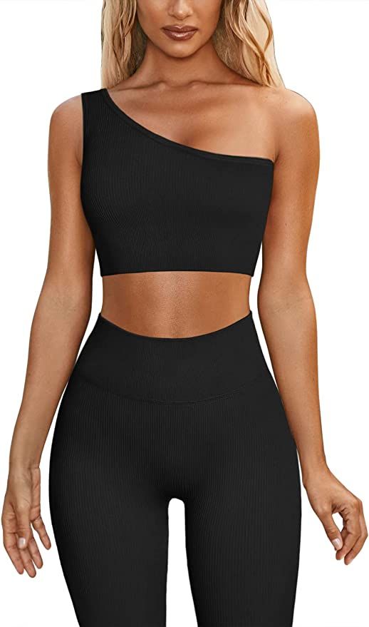 QINSEN 2 Pieces Workout Sets for Women One Shoulder Ribbed Sport Bra Seamless High Waist Leggings... | Amazon (US)