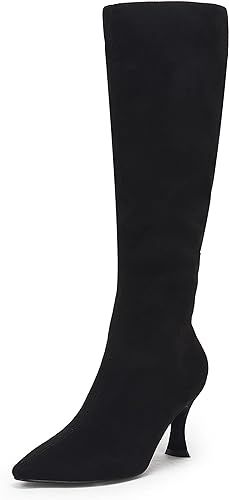 Coutgo Womens Knee High Boots Pointed Toe Kitten Heel Side Zipper Stretchy Vegan Suede Comfort Fa... | Amazon (US)