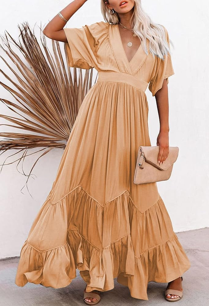 TOLENY Women's Summer Bohemian Dress V Neck Batwing Sleeve Swing Party Maxi Boho Dress | Amazon (US)