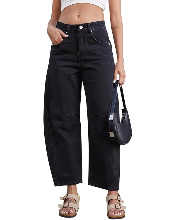 Mid Rise Barrel Jeans for Women Wide Leg Mid Waist Cropped Denim Pants Y2k Baggy Boyfriend Jeans ... | Amazon (US)