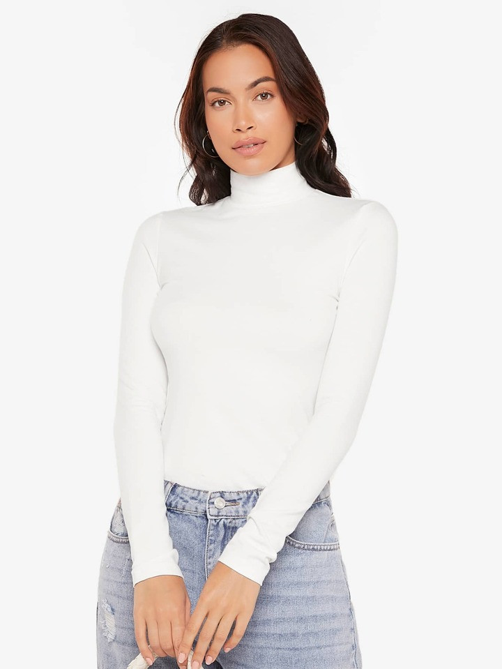 SHEIN BASICS Cotton High Neck Rib-knit Form Fitted Tee | SHEIN