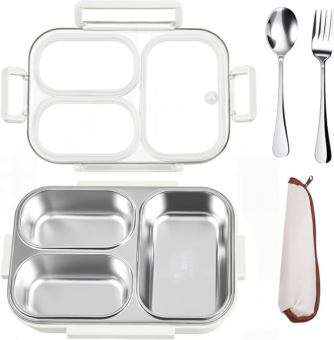 25oz 18/8 Stainless Steel Lunch Box Kit (Bento Box + Fork/Spoon) - 3 Leakproof Compartments - Met... | Amazon (US)