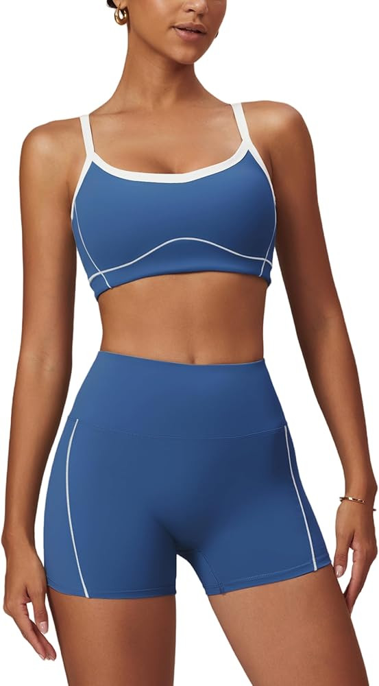 Yoga sets for women 2 piece Fashion contrasting lines Sports Bra and High Wasit Split hem Flared ... | Amazon (US)