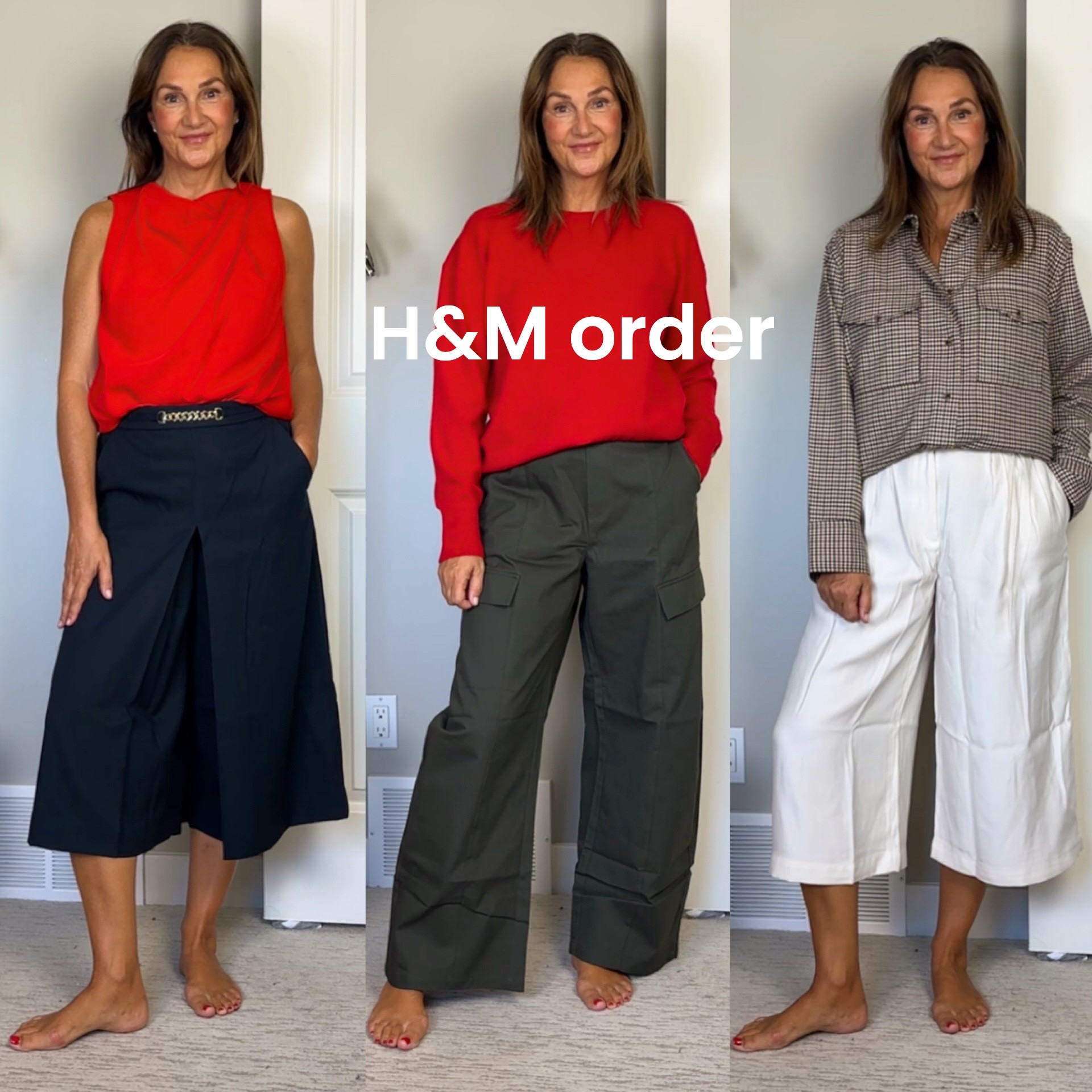 H&M September order! I’m 5’ 7” size 4ish:
- navy culottes: size 6
- red blouse: S
- cargo pants: S (roomy fit)
- red sweater: S
- cream cultures: 6
- plaid shirt: S
Really loved both pair of culottes, perfect for now with ballet flats, sneakers or loafers and into fall with tall boots.
Also love the red top and sweater and the plaid shirt. The cargo pants were comfy but not quite my style

#LTKcanada #LTKfall #LTKover50style