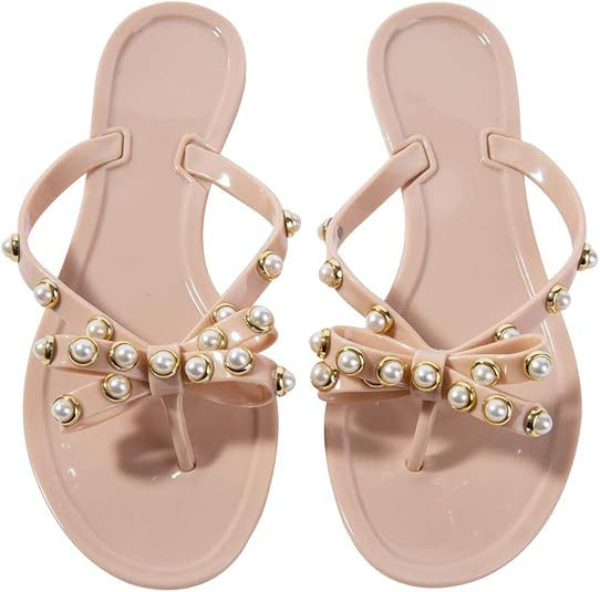 Mtzyoa Women Flip-Flops Pearls Bow Sandals Beach Flat Rivets Rain Jelly Gold Pearls | Amazon (US)