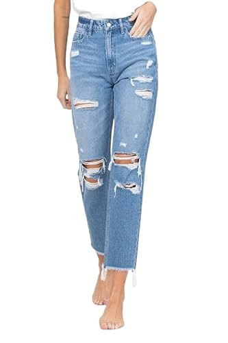 VERVET by Flying Monkey Women's Distressed Raw Hem Mom Jeans (US, Waist, 25, Regular, Blue) | Amazon (US)