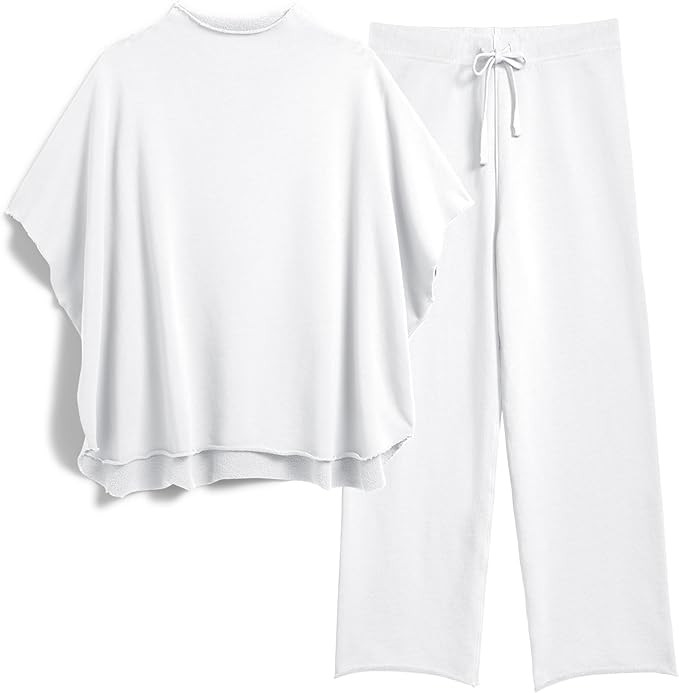 Women's Two Piece Outfits 3/4 Batwing Sleeve Capelet Crew Neck Pullover Top Wide Leg Pants Lounge... | Amazon (US)