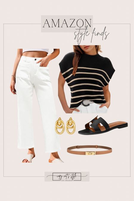 Amazon fashion finds, white jeans, striped top, sandals, look for less belt, ootd, casual spring outfit

#LTKmidsize #LTKover40 #LTKstyletip