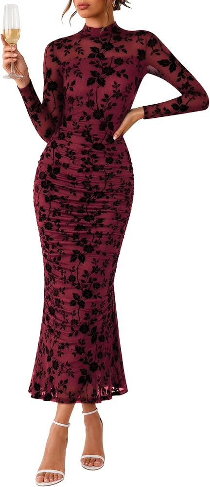 Lazysmile Women's Long Sleeve Floral Bodycon Elegant Ruched Mesh Maxi Dress | Amazon (US)