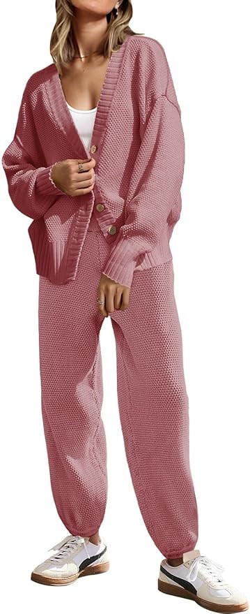 SAUKOLE Womens Two Piece Outfits Knit Sweater Sets Oversized Button Down Cardigan and Long Pants ... | Amazon (US)