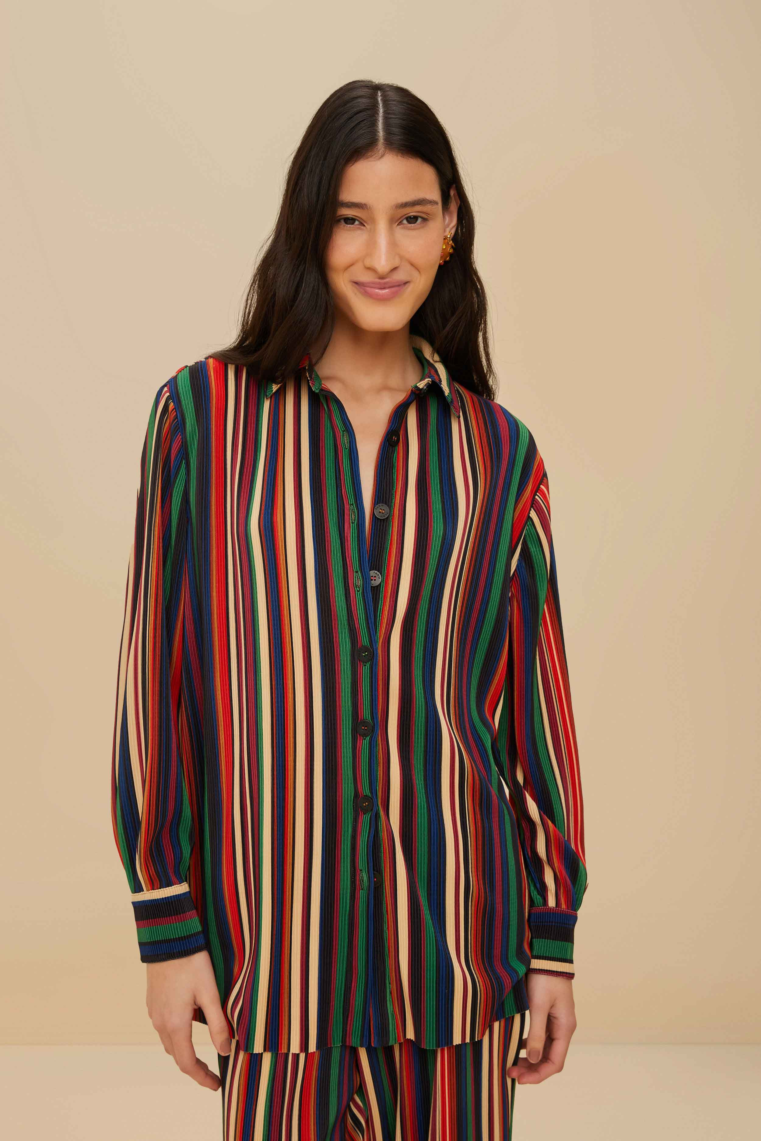 Multicolor Pipa Stripes Pleated Shirt | FarmRio (US)