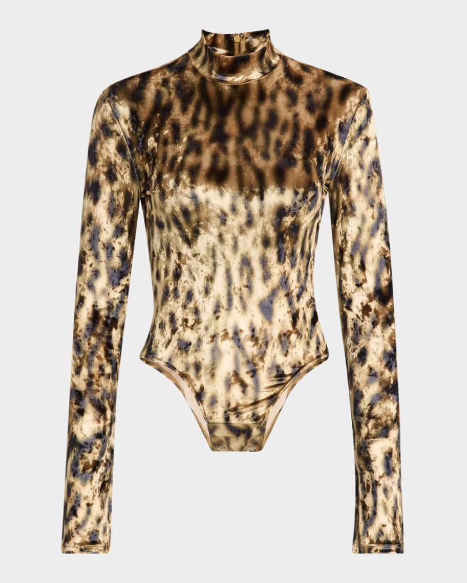 LAPOINTE Leopard-Print Velvet Mock-Neck Bodysuit | Neiman Marcus