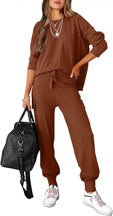 Caracilia Women's Two Piece Outfits Sweater Sets Long Sleeve Knit Pullover Tops and Cargo Jogger ... | Amazon (US)