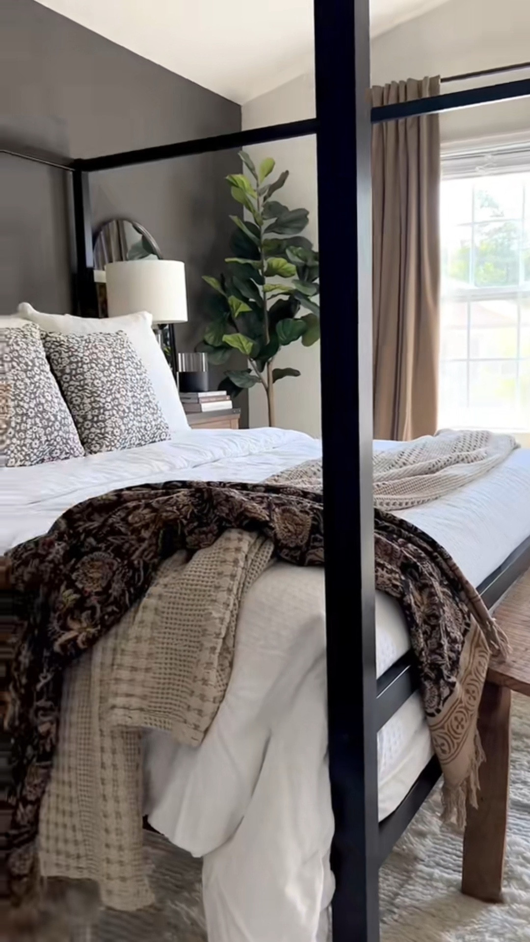 Moody neutral organic modern bedroom!
Canopy bed, waffle weave bedding, vintage throw, velvet curtains, tabletop Firebowl, arched mirror, rustic nightstand, fiddle leaf fig tree, coffee table books, glass table lamp, floor mirror, Walmart home decor, Amazon home finds, modern white shag rug

#LTKHome #LTKSaleAlert #LTKWatchNow