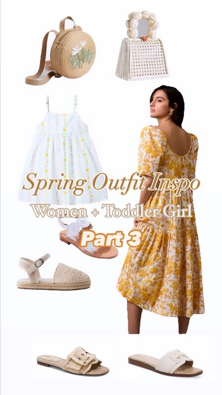 Spring outfit inspo for women and toddler girls. Toddler girl spring dress. Toddler girl style. Spring accessories. Spring sandals. Spring dress. Midi dress. Floral dress with pockets. Toddler girl handbag. Toddler girl straw backpack. 

#LTKSeasonal #LTKfamily #LTKkids