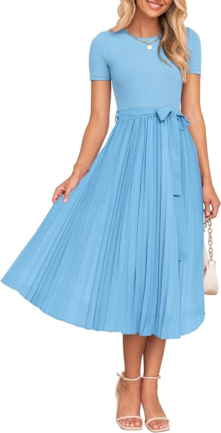 ZESICA Women's 2026 Summer Short Sleeve Midi Dresses Crewneck Knit Belted Pleated A Line Flowy We... | Amazon (US)