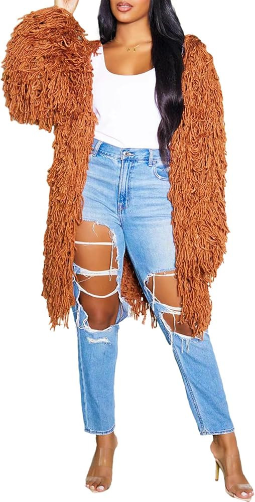 Tcremisa Women's Open Front Crochet Cardigans Long Sleeve Chunky Cable Knit Fringe Sweater Coats ... | Amazon (US)