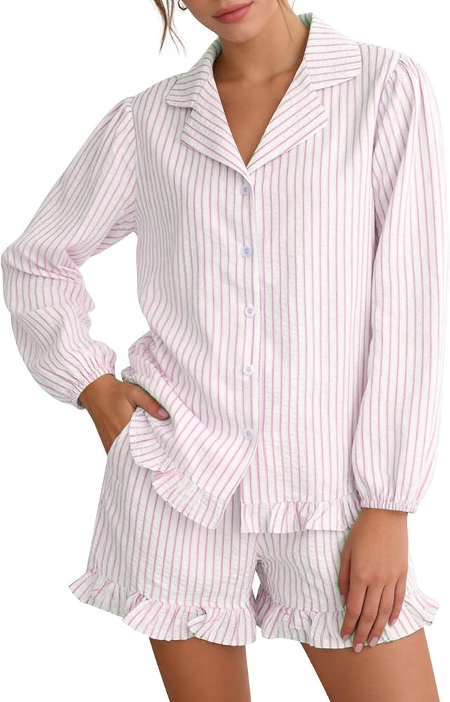 COZYPOIN Striped 2 Piece Pajamas for Womens Set Cute Seersucker Cotton Long Sleeve Button Shirt a... | Amazon (US)