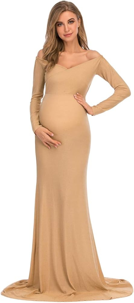 ZIUMUDY Maternity Glitter Fitted Gown Off Shoulder Long Sleeve Photography Photo Props Dress Baby... | Amazon (US)